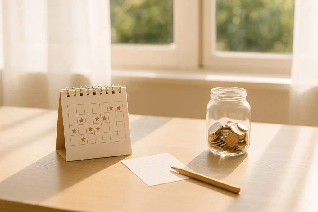 Mini desk calendar with gold star stickers beside a small glass savings jar in bright window light (1600×900).
