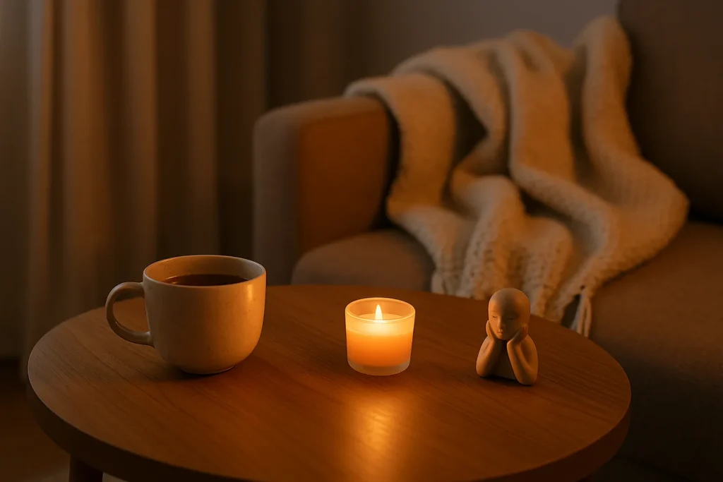 Warm evening scene with tea, a small candle, and a cozy throw on an armchair
