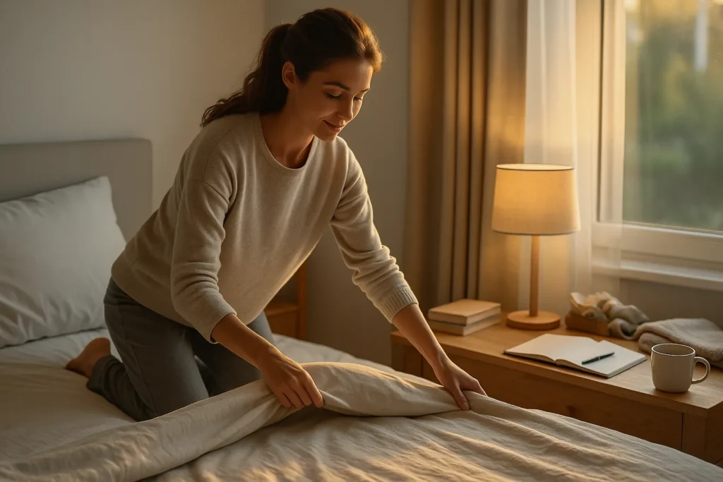 horizontal photo of a woman gently making her bed in soft morning light with an open notebook on the nightstand, a small “do one tiny thing” reset to rebuild momentum
