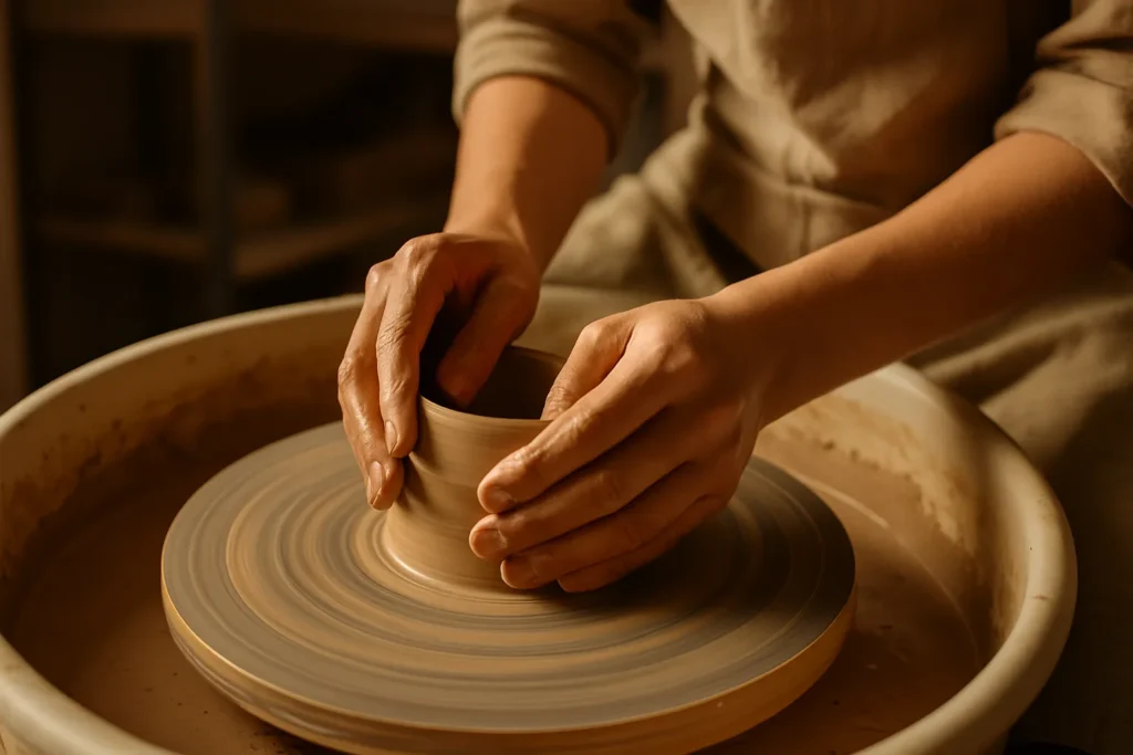 Close-up of hands shaping clay on a pottery wheel in warm, earthy studio light (1600×900).
