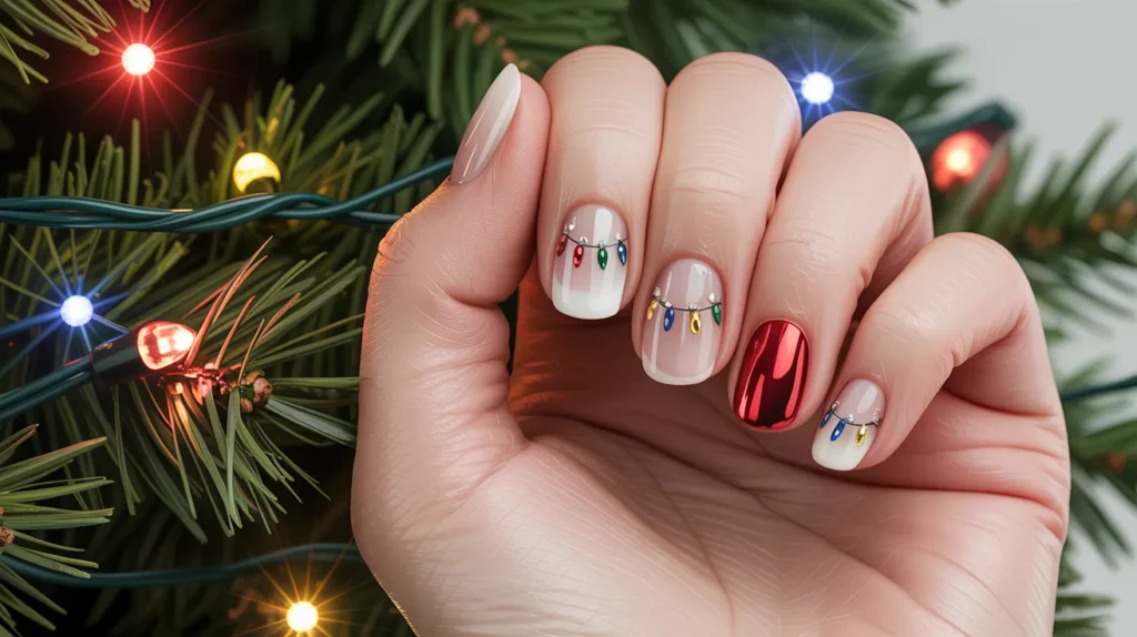 Twinkle light-inspired Christmas nails for short nails with gem accents and a red feature nail.