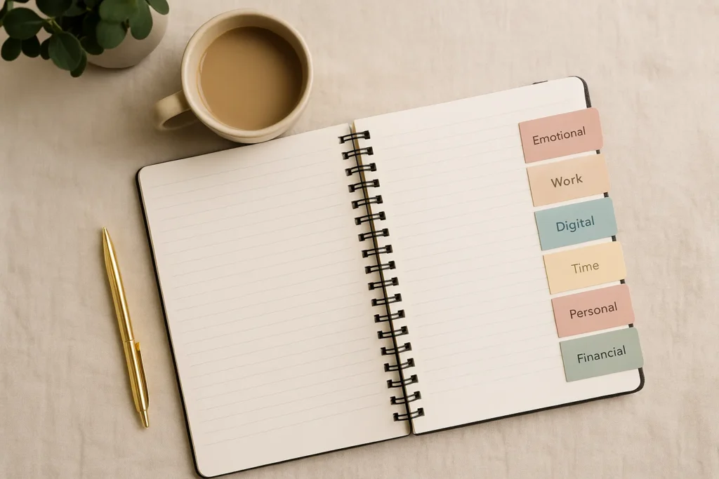 flat-lay photo of an open spiral notebook with pastel side tabs labeled emotional, work, digital, time, personal, and financial beside a gold pen, coffee, and plant on a soft linen surface