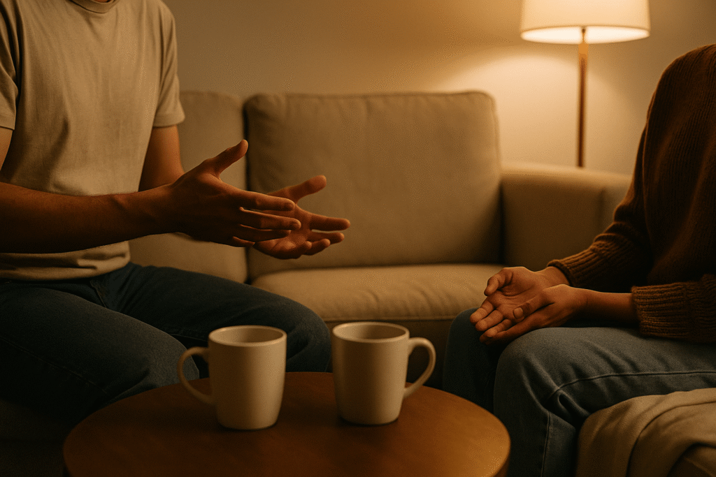 Daily Communication Habits—calm living room conversation setup with two mugs on a side table and gentle hand gestures that model “I” statements during tense moments.