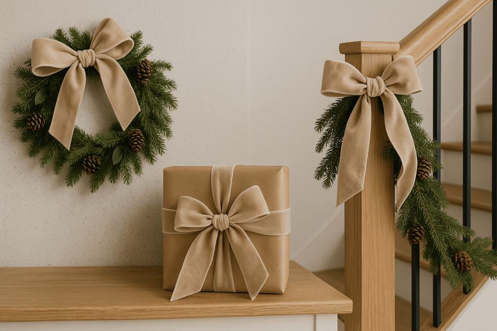Velvet ribbon styled on a wreath, stair garland, and gift for a cohesive holiday look.