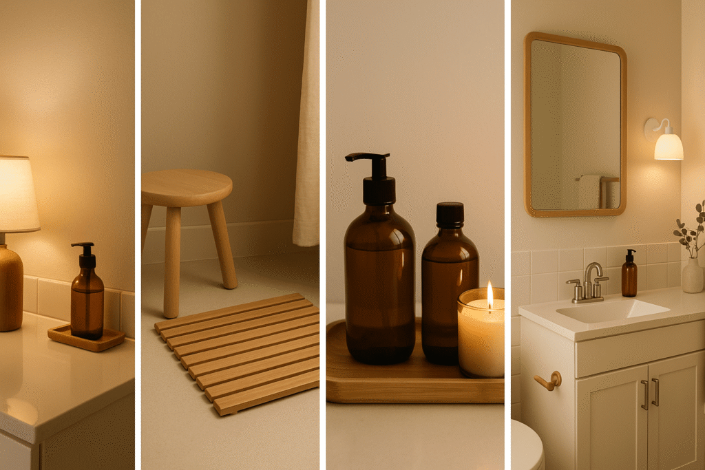 collage of warm bathroom ideas—panel 1 warm lamp and amber soap on counter, panel 2 bamboo mat with small wood stool, panel 3 amber bottles with candle on tray, panel 4 minimal vanity with wood-framed mirror and warm sconce