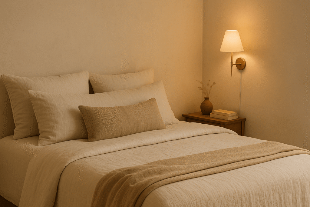 neutral textured bedding with lumbar pillow, plug-in sconce, wood nightstand, clay vase and books—warm bedroom apartment aesthetic