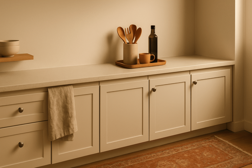 cozy renter-friendly kitchen with wood tray of ceramic mugs and utensils, olive-oil bottle, linen towel, floating shelf, and a warm rust runner on hardwood