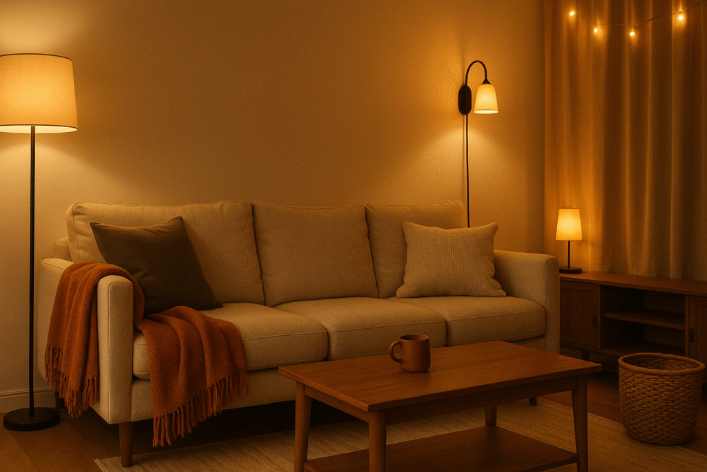 warm living room with rust throw and pillows on neutral sofa, wood coffee table, rattan basket, linen curtains, and layered warm lighting