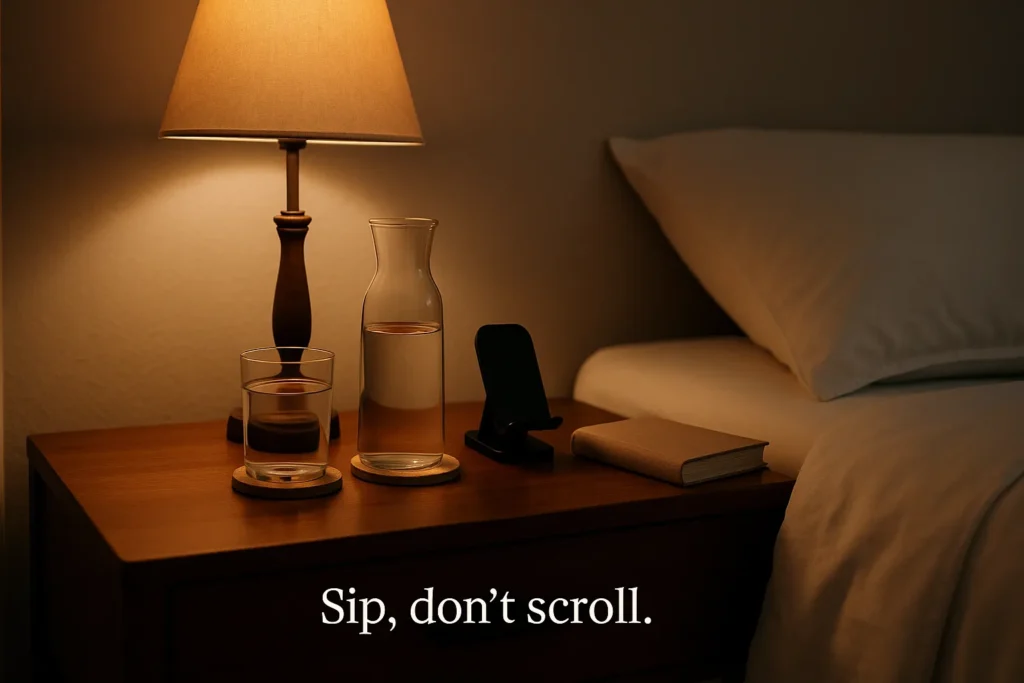 Nightstand with a glass carafe and tumbler on coasters under a warm lamp; empty phone stand and a closed book nearby (1600×900).
