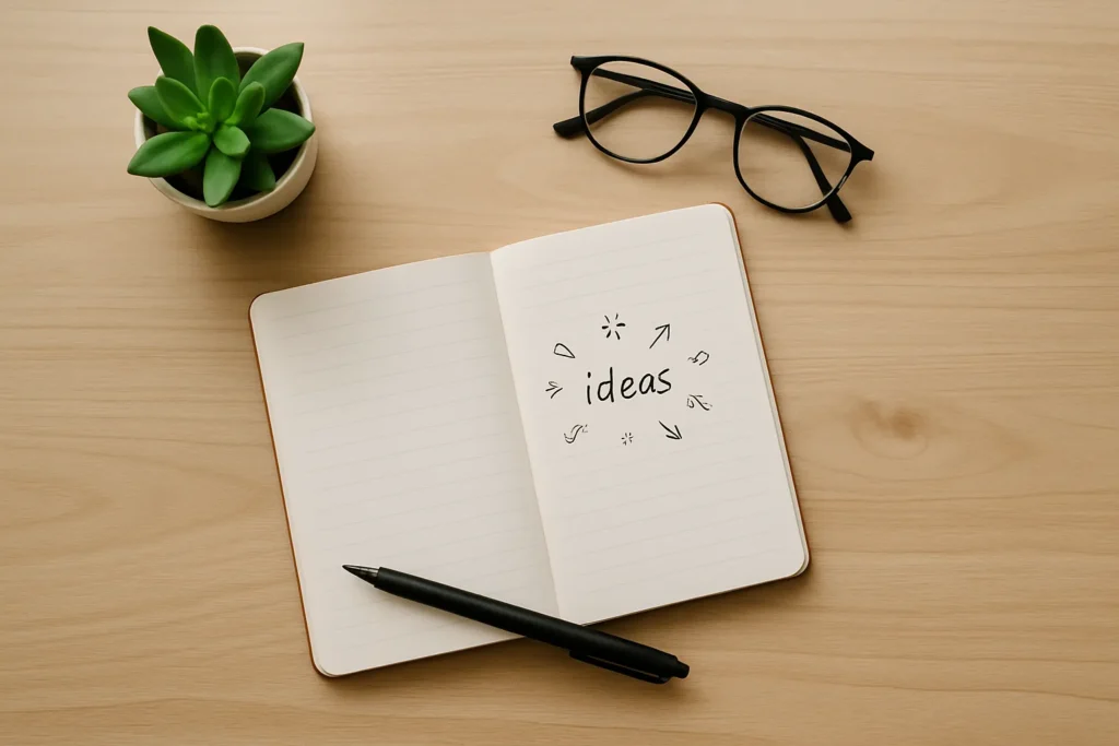 flat lay of an open notebook with a pen, glasses, and a small plant on a calm wooden desk representing simple life hacks and habits for personal growth