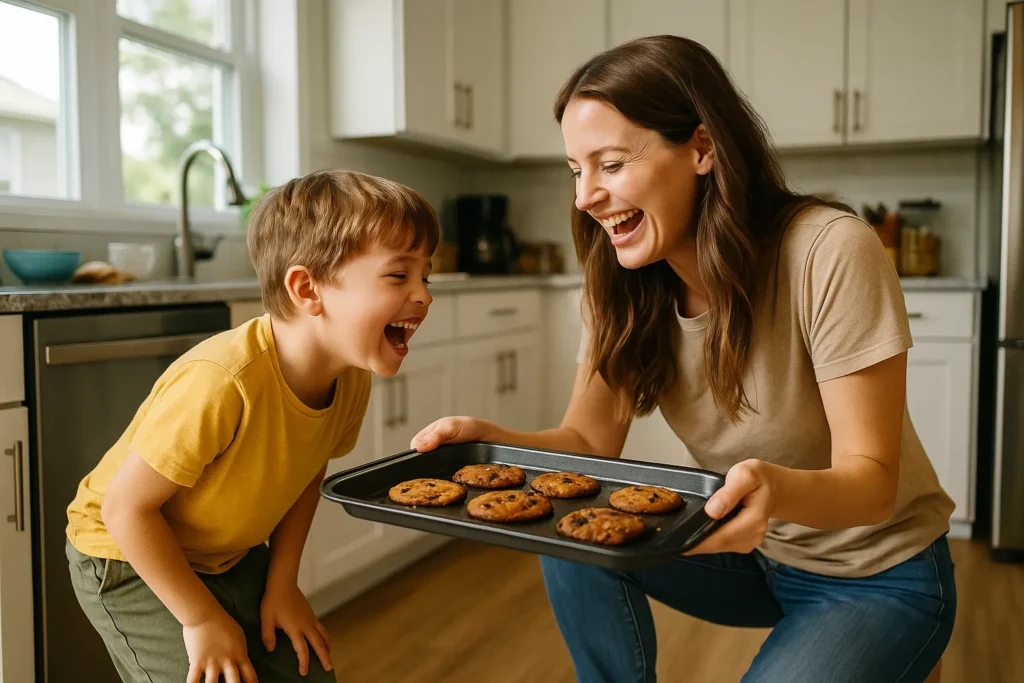 Bright morning kitchen scene—mom kneels to her child’s level as they laugh over a slightly burnt cookie tray.
