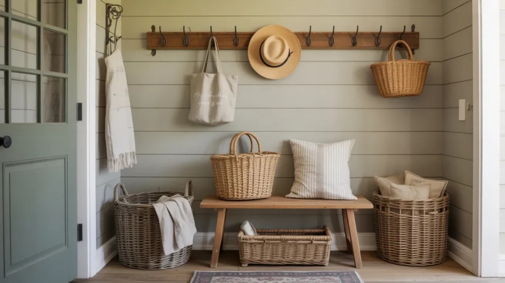 Warm farmhouse entryway with shiplap wall, wooden bench, peg rail, straw hat, linen tote, and small vintage rug, highlighting simple Ideas for a Farmhouse Mudroom with natural textures and soft colors.