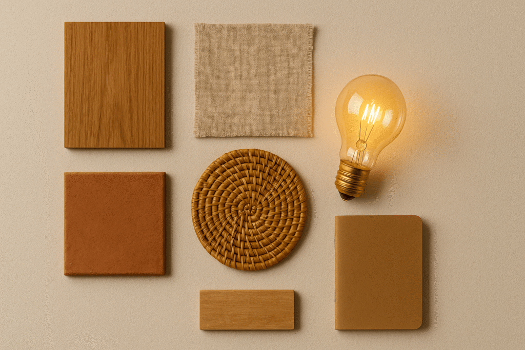 materials board showing wood, linen, rattan, terracotta for apartment aesthetic ideas