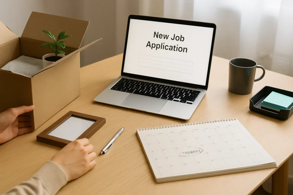 desk with a laptop showing a new job application, a moving box with a plant, and a calendar with a therapy appointment circled, symbolizing quiet practical steps toward making a big life change