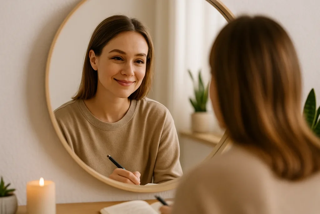 woman smiling softly in the mirror, symbolizing a healthy and realistic version of that girl energy