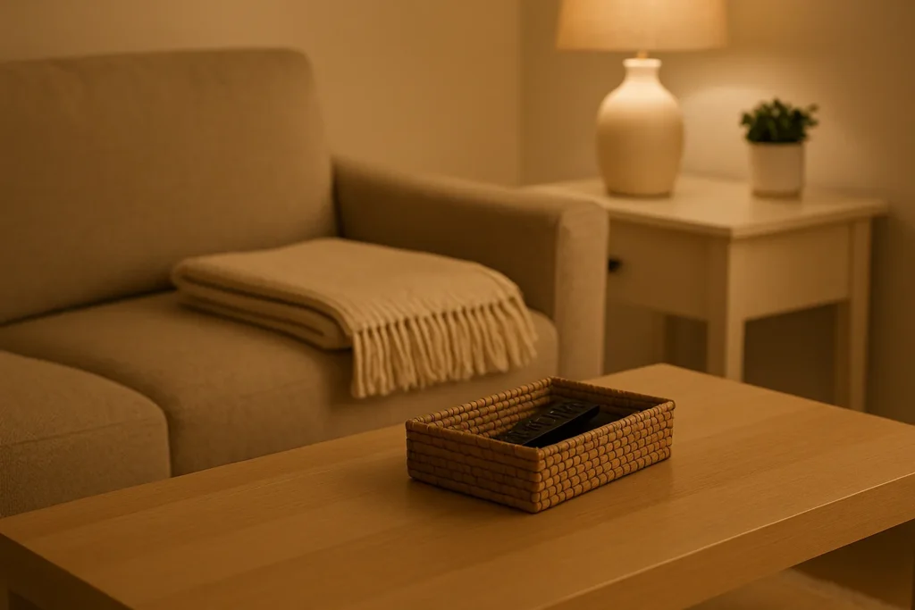 A calm, clutter-free living room evening reset with a folded throw and remote tray, styled for yourselflovehub.com.
