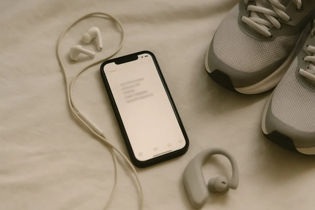 Phone with a blurred notes list beside earphones and sneakers on soft fabric (1600×900).
