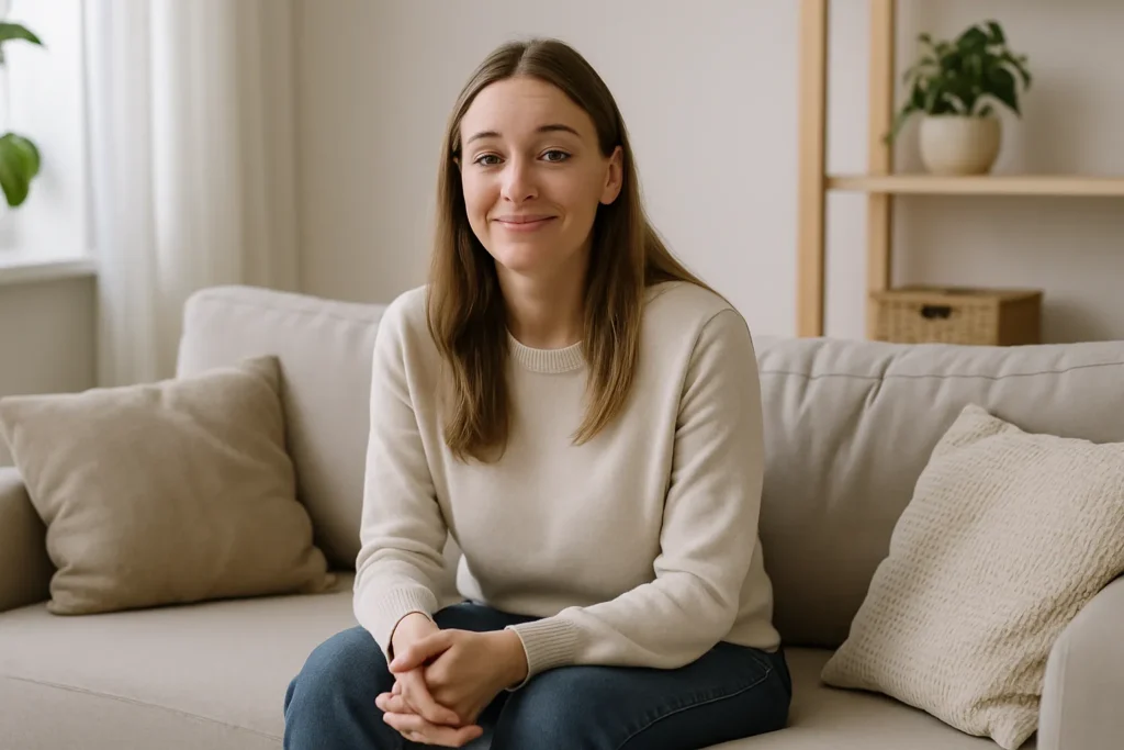 woman sitting on a tidy beige sofa in a bright living room with a small tired smile, looking emotionally drained even though everything appears fine