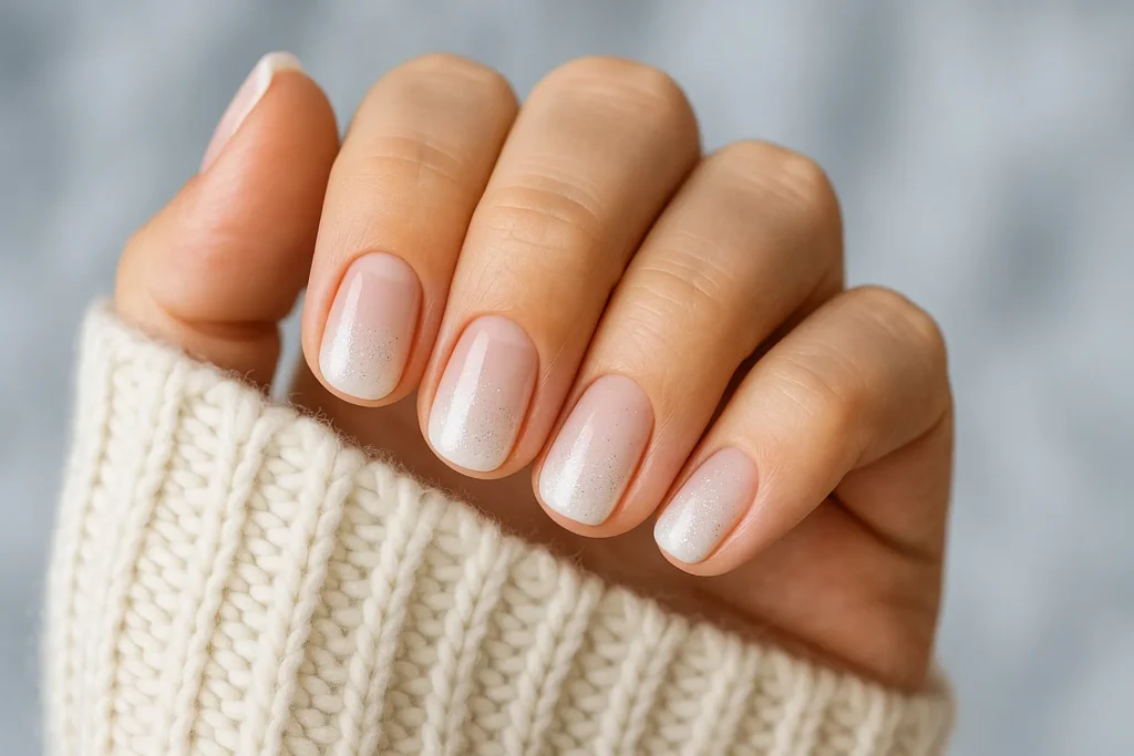 Elegant Christmas nails for short nails with frosted white tips and silver glitter.