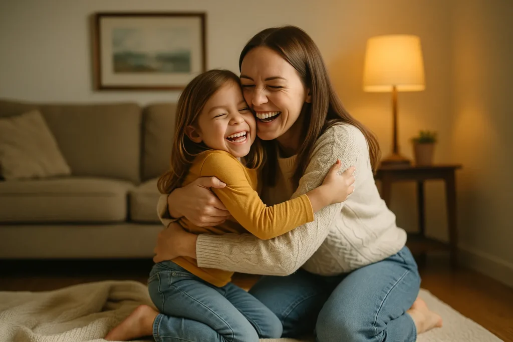 Cozy living-room floor—mom and child in a spontaneous hug mid-giggle, warm lamp glow and soft blanket nearby.
