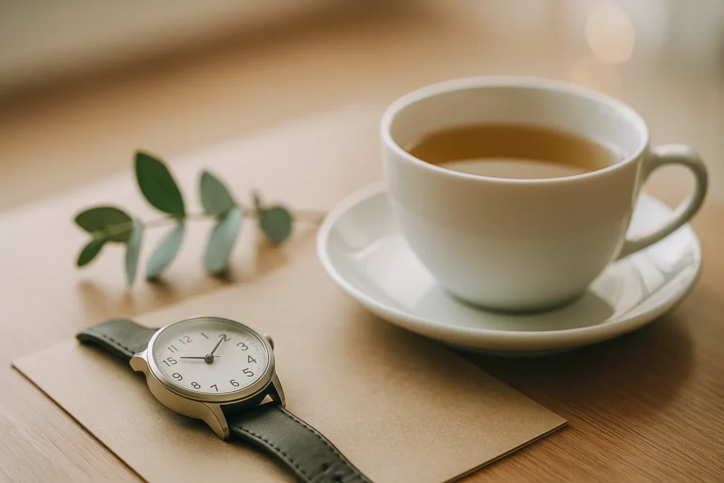 Horizontal photo of a wooden desk with a silver wristwatch beside a cup of herbal tea and a eucalyptus sprig, softly lit by daylight, minimal and calm.

