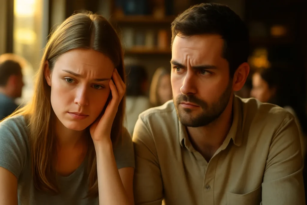 young woman looking anxious and overwhelmed at a busy café table while conversations happen around her