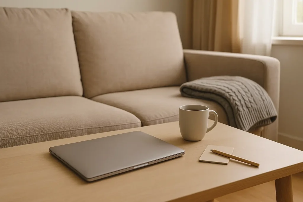 Closed laptop on a light wood coffee table with a mug and folded throw in soft afternoon light (1600×900).

