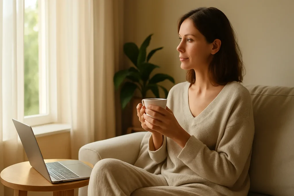 woman in soft loungewear sitting by a bright window with a mug and a closed laptop nearby, resting calmly to recharge on relaxing Self-Care Sunday ideas