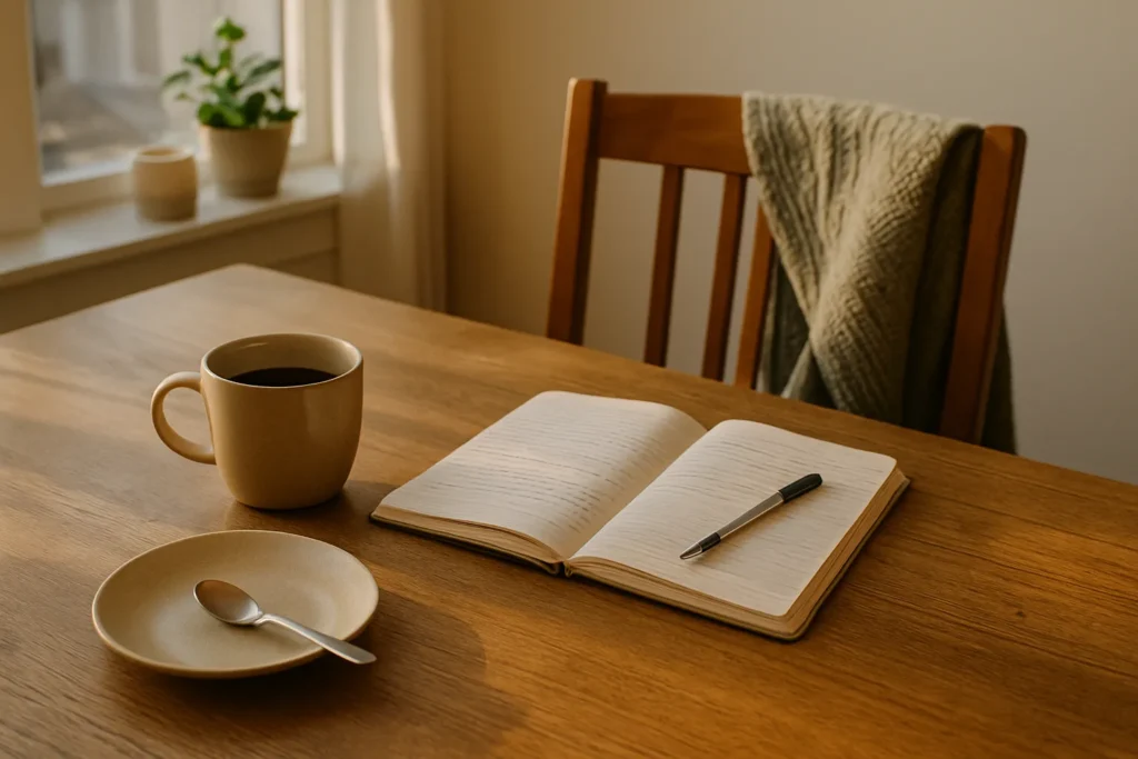 imperfect but cozy morning table with coffee and open notebook showing a real-life simple morning routine