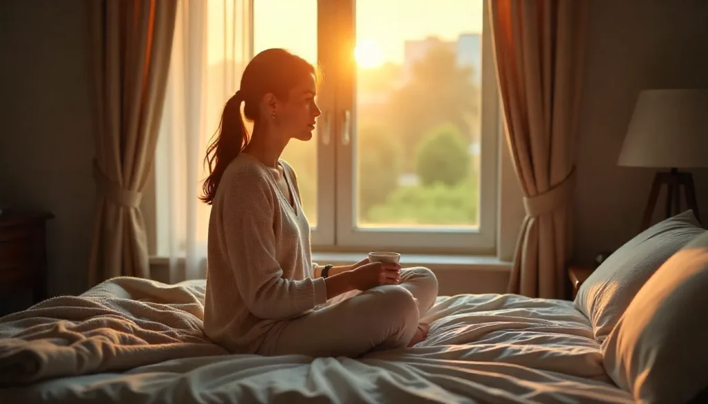 Woman sitting cross-legged on a bed holding a mug, soft sunrise through the window, mindful morning moment