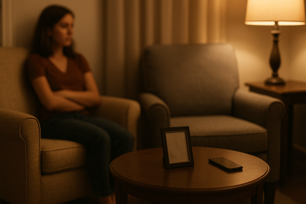 Horizontal photo of two armchairs separated by a small table with a face-down phone and blank frame, warm lamp glow, subtle distance suggesting safety wearing thin.