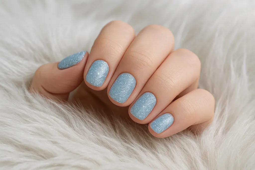 Frosty blue glitter winter nails on short nails styled on white faux fur for a seasonal post on yourselflovehub.com.