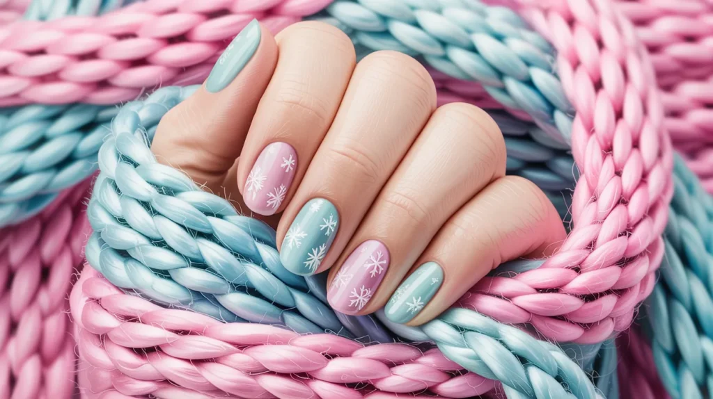 Gentle pastel snowflake nail design on short nails featured on yourselflovehub.com.