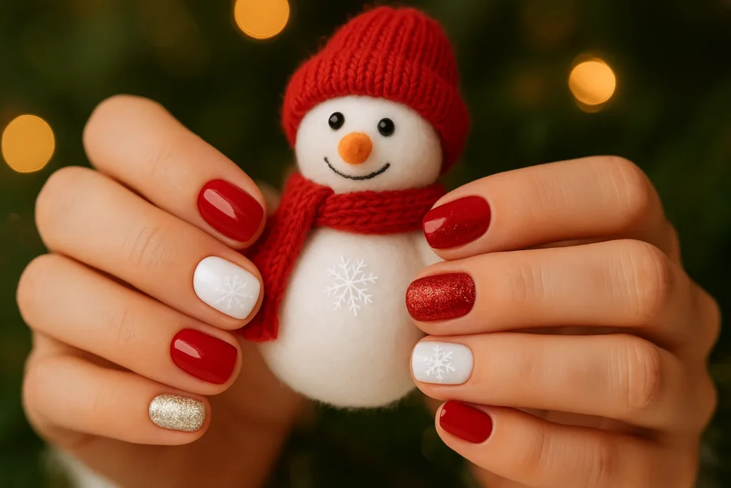 Festive Christmas nails for short nails with red, white, glitter, and snowflake accents.