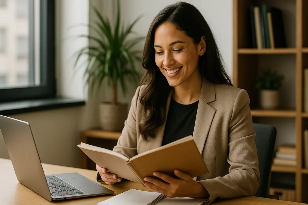 professional woman sitting at her desk with a laptop and folder, smiling as she reviews her work and financial goals in a calm, organized office