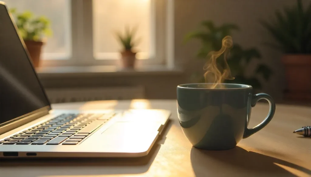 steaming mug of coffee on a desk next to an open laptop in a sunlit room with plants in the background