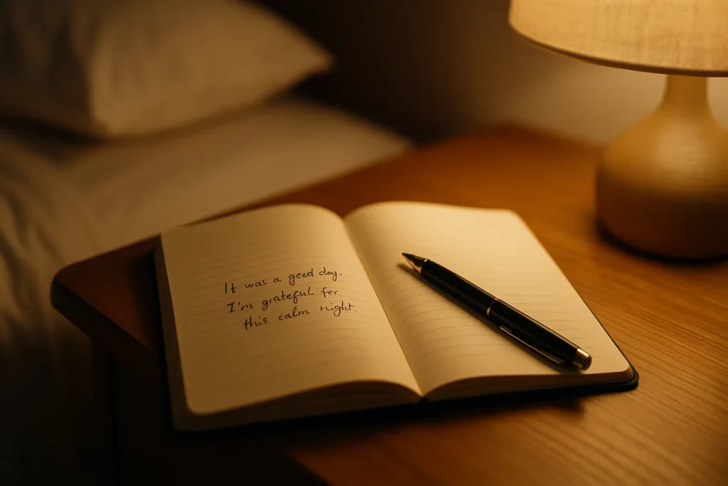 horizontal bedside scene with an open journal and pen under a warm lamp glow on a wooden nightstand, calm nightly reflection habit