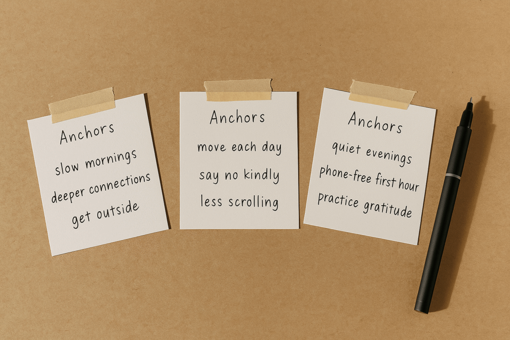 simple index cards listing mental anchors for a November reset—“slow mornings,” “say no kindly,” “phone-free first hour,” etc., taped to kraft paper with a pen nearby