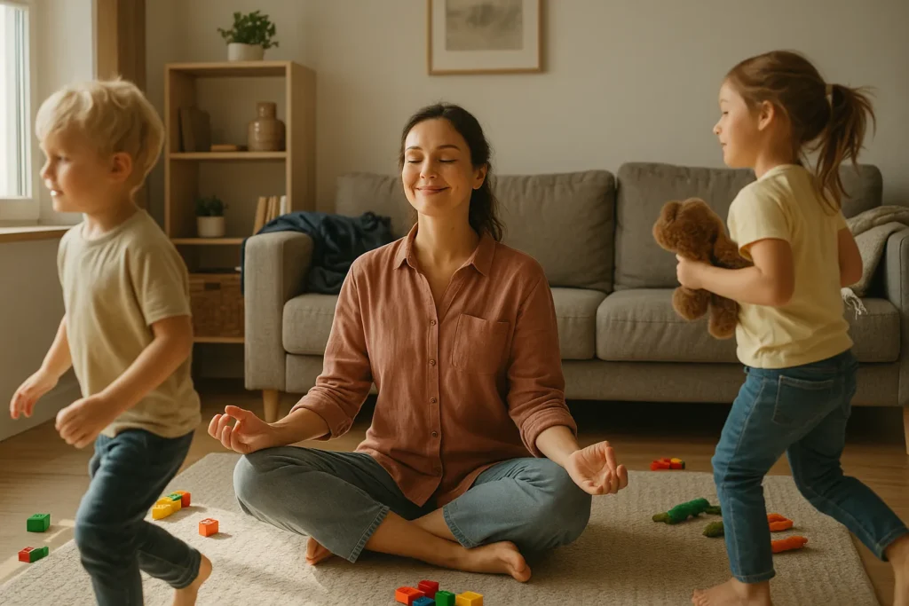 Peaceful woman meditating on the living-room rug while kids play around her; sunlit, cozy, slightly messy space.
