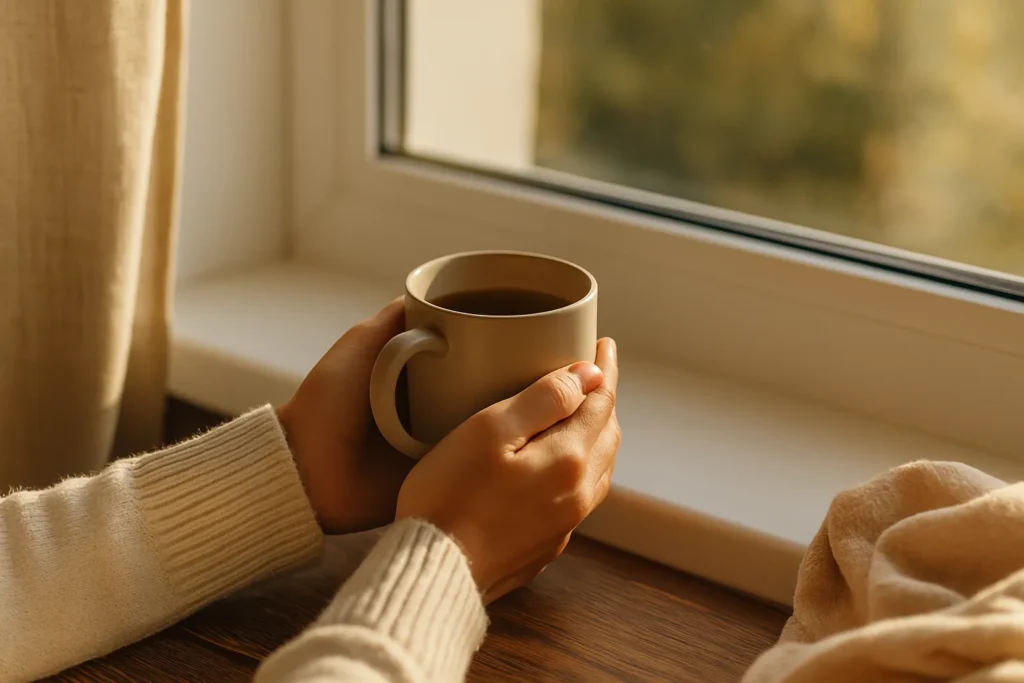 Hands cradling a warm mug by a sunlit window—soft sweater sleeves and cozy morning light.
