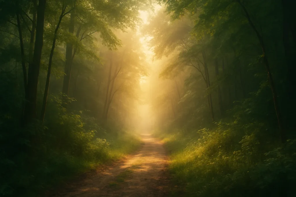 Soft golden light illuminating a misty forest path, inviting steps forward—peaceful and quietly mystical.
