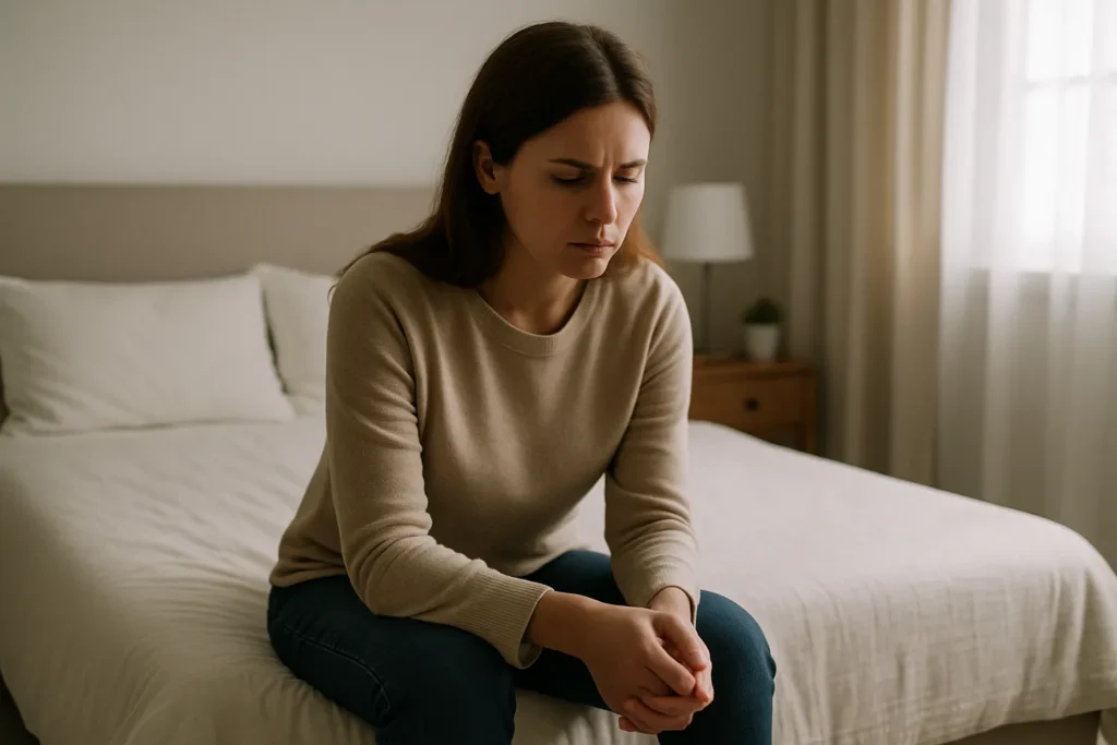 woman sitting on the edge of her bed in a softly lit bedroom, shoulders slumped and face blank, showing emotional numbness even though everything looks calm and tidy