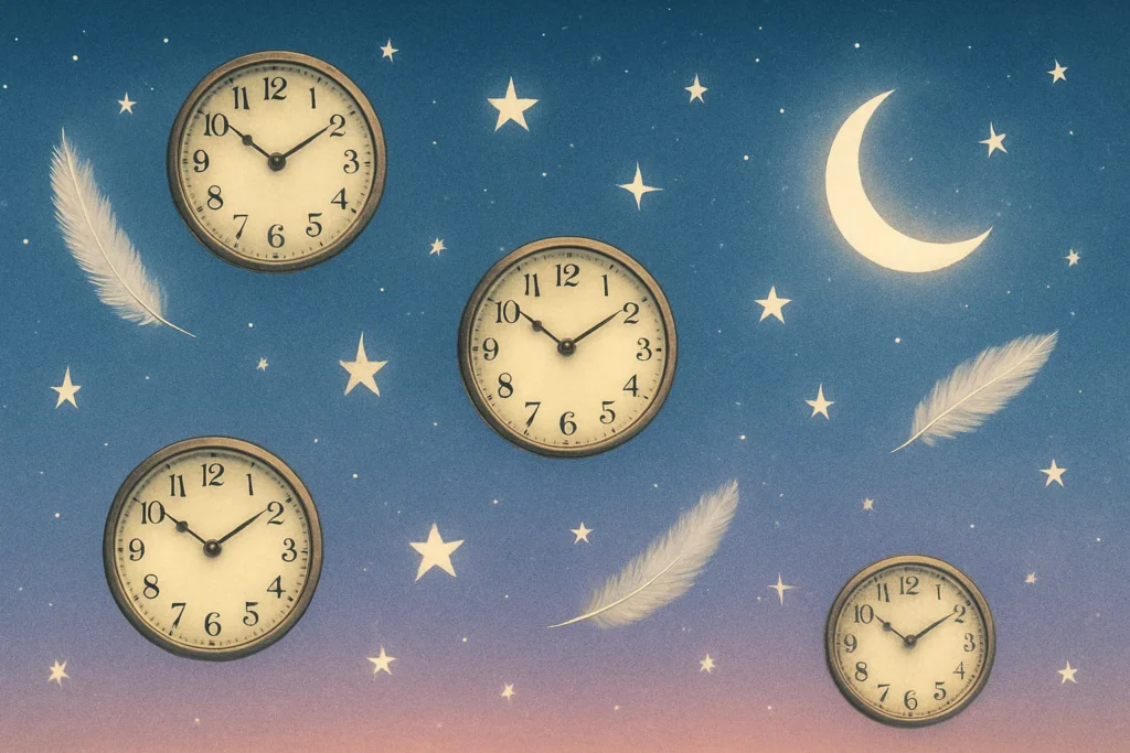 Dreamy sky with floating vintage clocks, crescent moon, feathers, and stars—symbol of divine timing and synchronicity.
