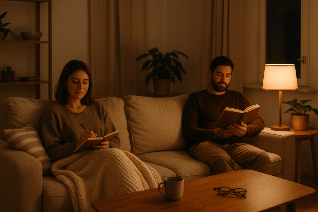 Cozy living room at night—one partner journals under a warm lamp while the other reads beside them; soft textures, calm expressions, quiet safety.
