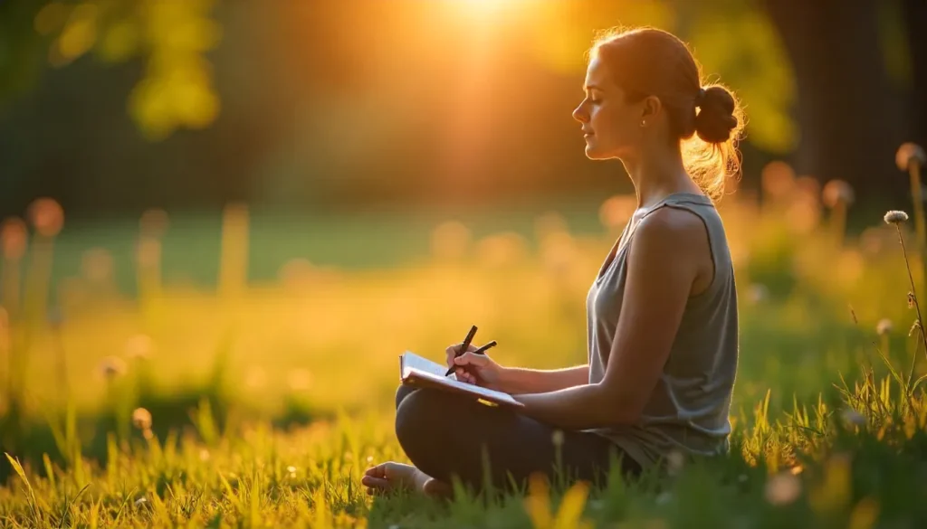 woman sitting cross legged in the grass at sunset, writing in a notebook with warm golden light around her