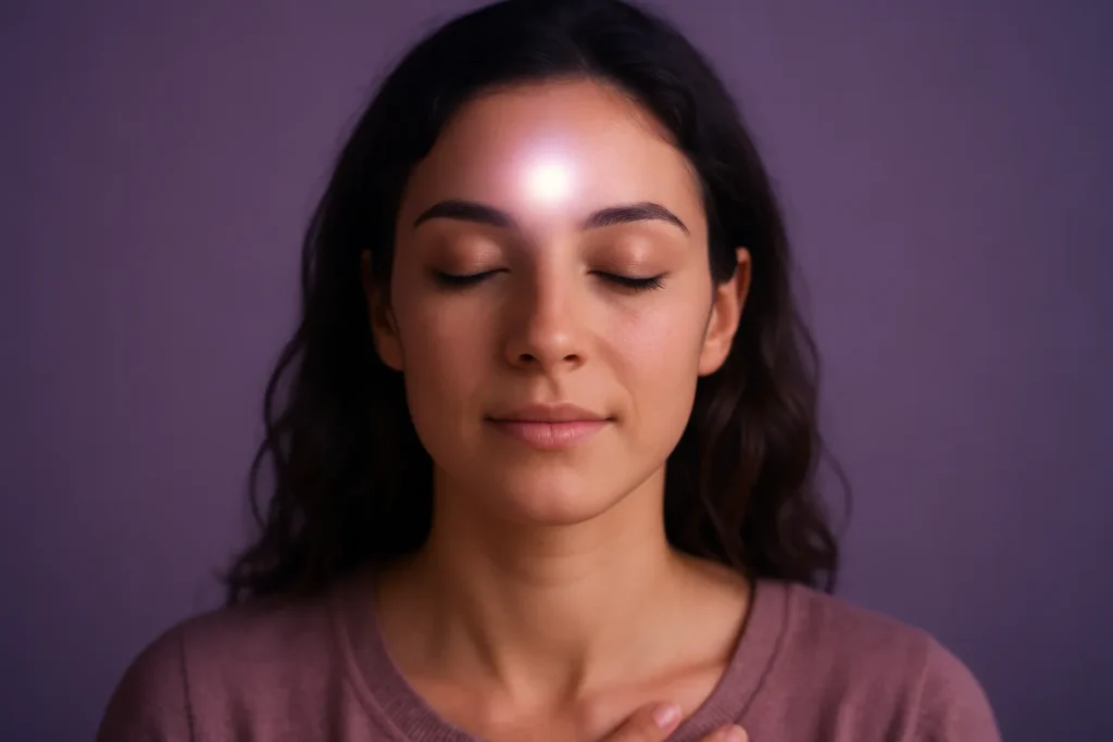 Calm woman with eyes closed and a soft light at her third eye—symbol of intuitive clarity—purple backdrop.

