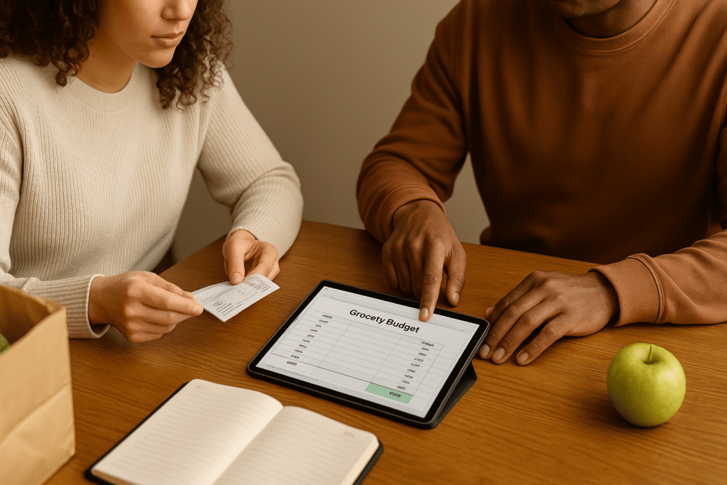 Couple reviews a grocery budget together—receipt in hand, spreadsheet on a tablet, notebook open; calm teamwork in warm natural light.
