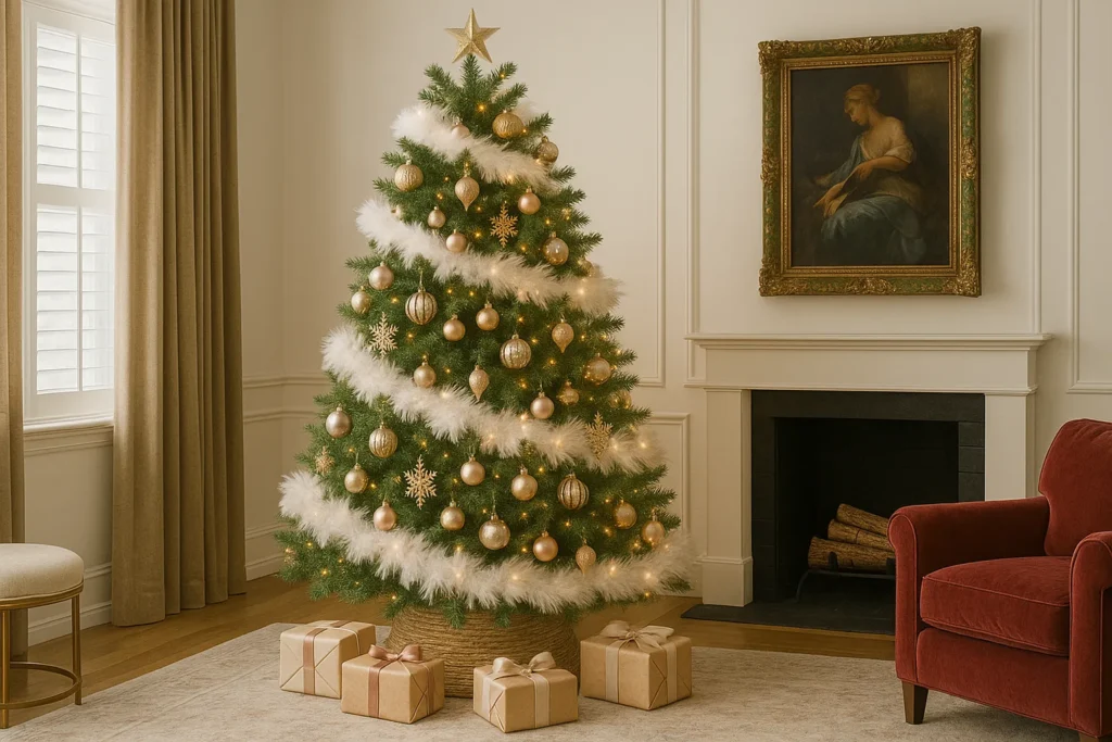 Bohemian-style Christmas tree loaded with colorful eclectic ornaments featured on yourselflovehub.com.