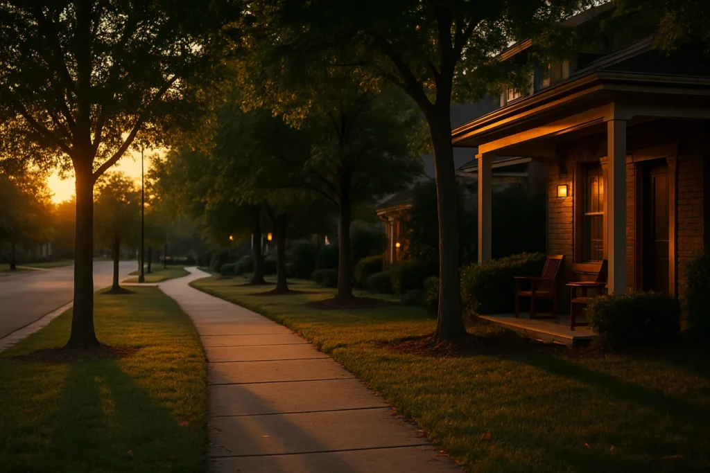 Golden-hour neighborhood path with warm porch lights and long tree shadows
