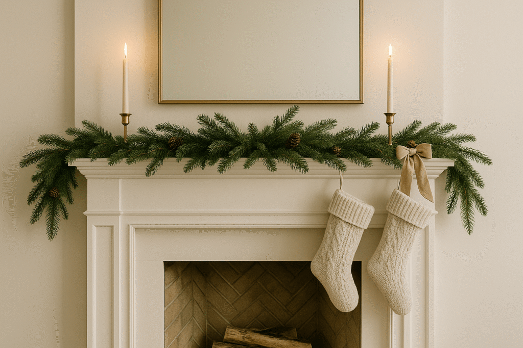Clean, balanced mantel with layered garland, two candlesticks, and neutral knit stockings.